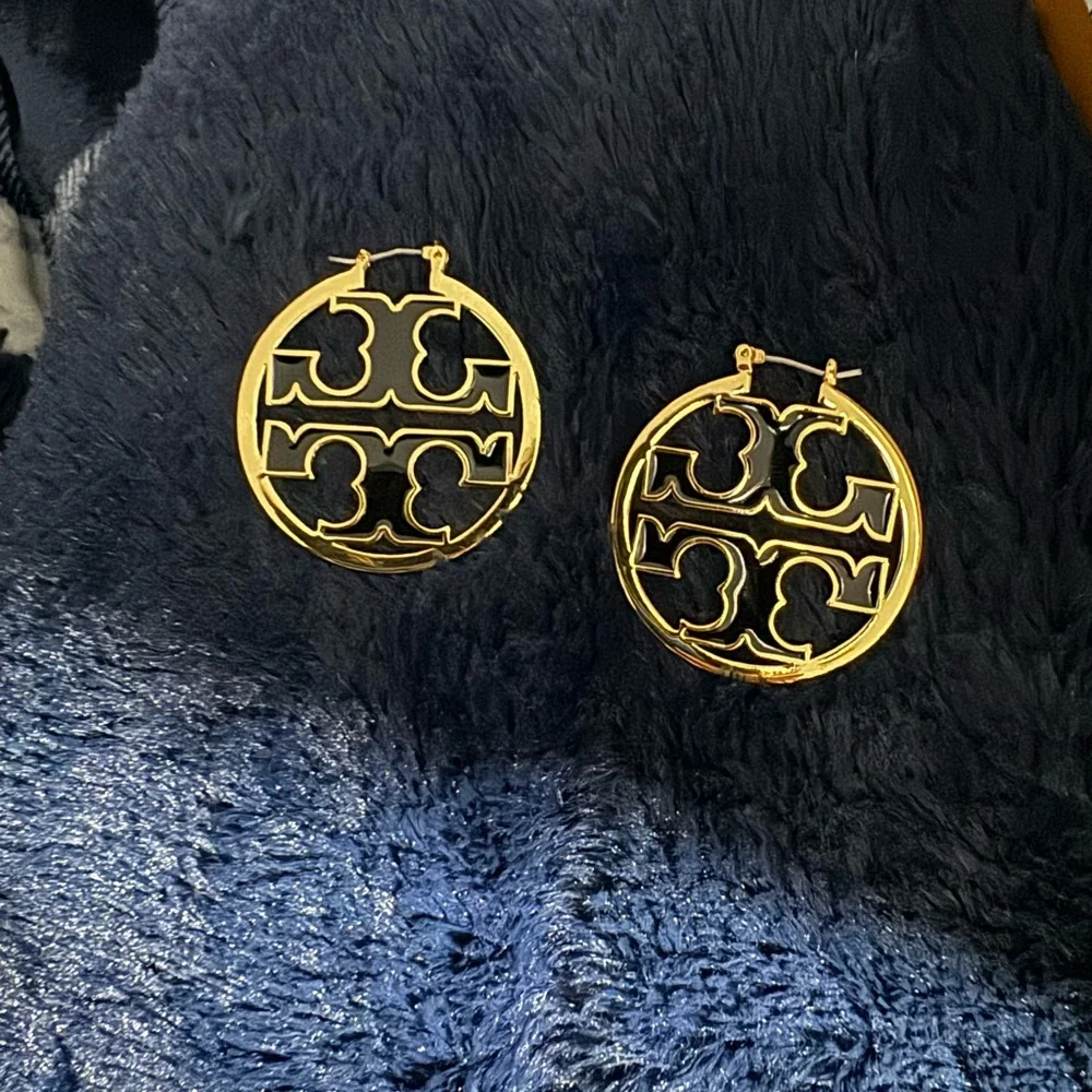 Tory Burch Gold and Black Logo Disc Drop Earrings